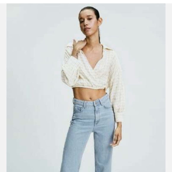 Zara Plaid Cropped Wrap Collar Top Size Large - Picture 5 of 14